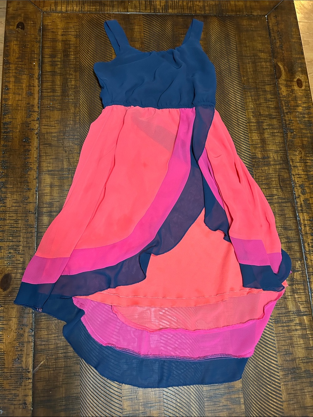 Colorblock Chiffon High-Low Dress in Navy and Coral